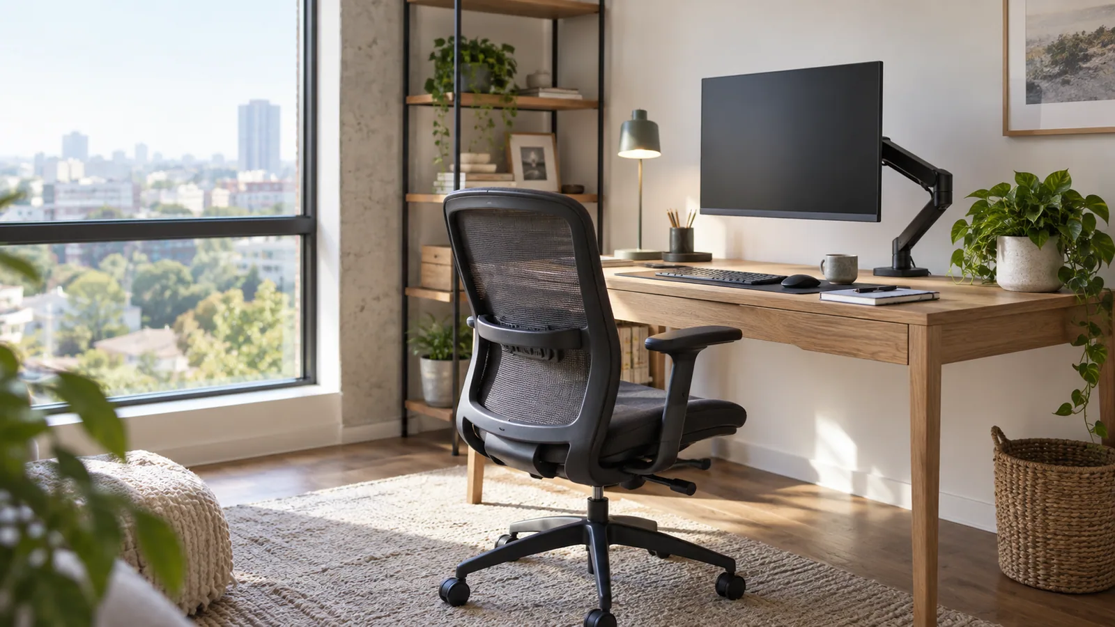 A compact home office with an oak desk, monitor arm, and ergonomic chair
